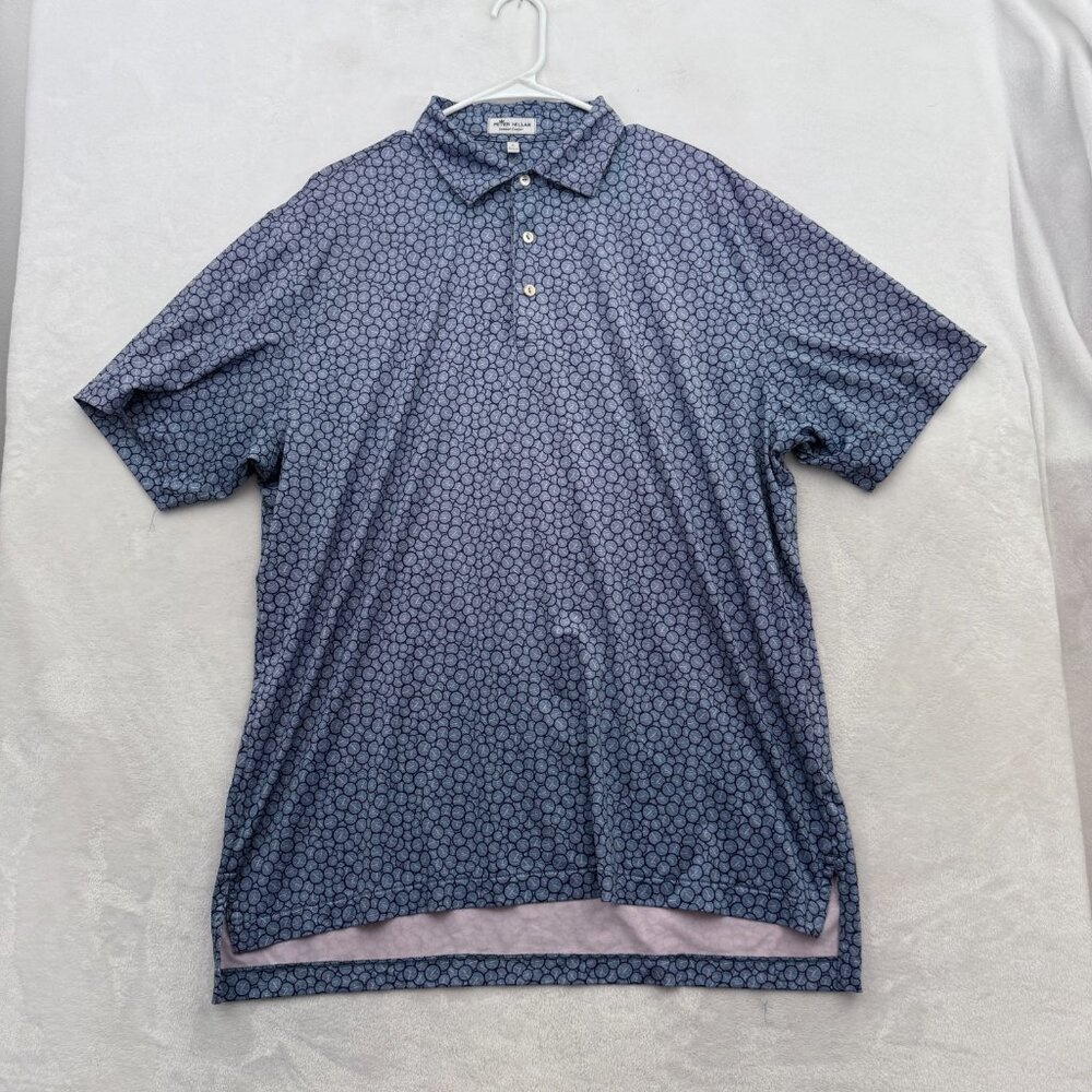 Peter Millar Polo Shirt Mens L Blue Runner Golf Performance Clock Geometric